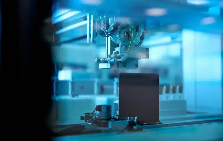 Industrial robotic arm operating in a blue-lit automated laboratory