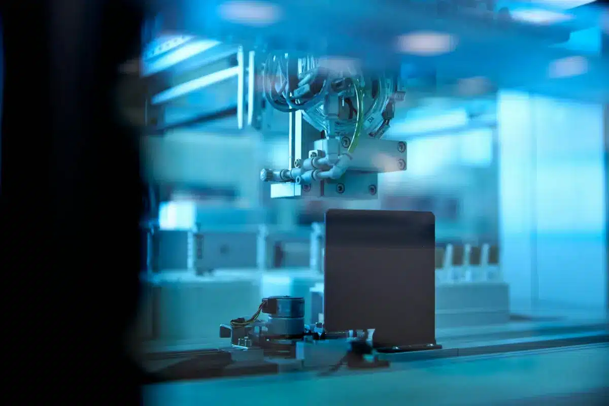 Industrial robotic arm operating in a blue-lit automated laboratory
